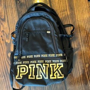 Victoria’s Secret PINK backpack, Black & Gold, Four pockets/laptop compartment.
